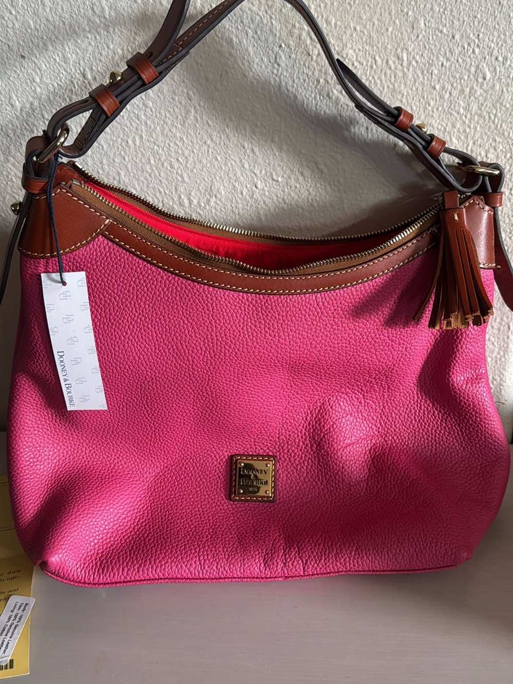 Dooney & Bourke Hot Pink Leather Shoulder Hobo with Brown Trim